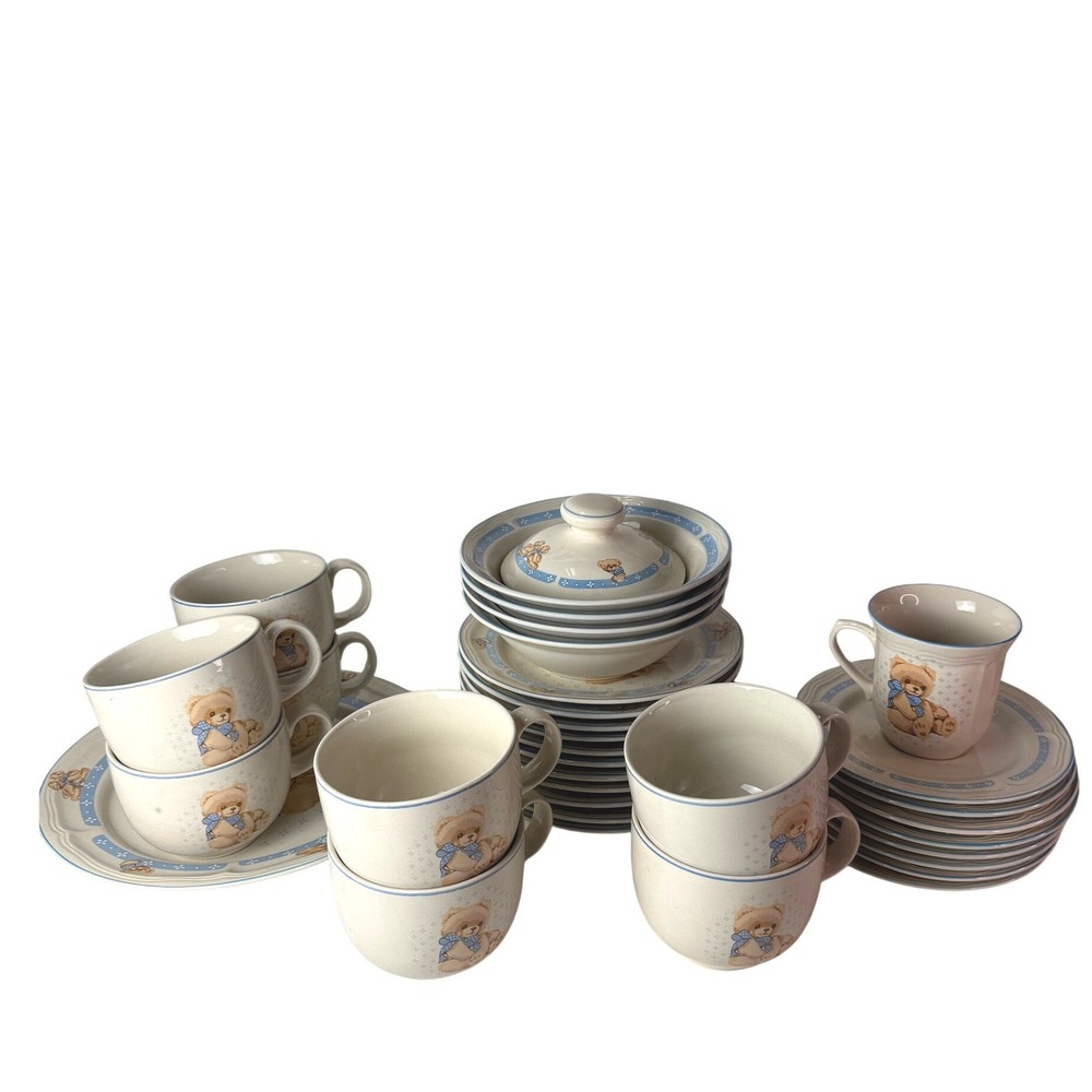 33pc Vintage Tienshan Country Bear Stoneware Set Blue Bow Teddy Bear Dinnerware